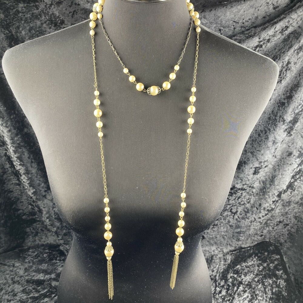 Vintage Flapper 20s Style Lariat Open 56 in Chain Faux Pearl Necklace Tassel - Picture 5 of 8